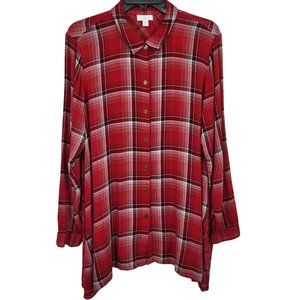 J Jill Shirt Womens Large Petite Red Plaid Long Sleeve‎ Tunic Top Pocket Western